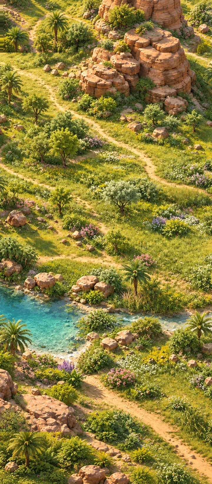 Un paysage désertique restauré, traversé par une rivière et bordé de végétation.